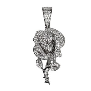 925 Sterling Silver Rose Flower Iced Pendant CZ Hip Hop Charm Bling Out