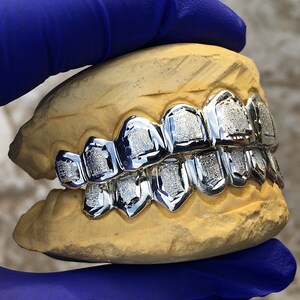 Real Solid 925 Sterling Silver Custom Grillz White Diamond Dust Mouth Grills Handmade Fitted Molded Teeth Grill with Plain Border image 8