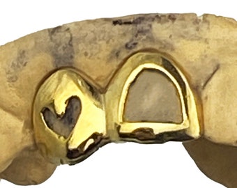 Solid 10K Gold or 14K Gold Double Cap Open Heart Cutout & Open Tooth Custom Teeth Grillz