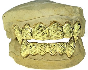 10K Gold Fang Grillz, Custom Fit Diamond Cut Teeth Grills