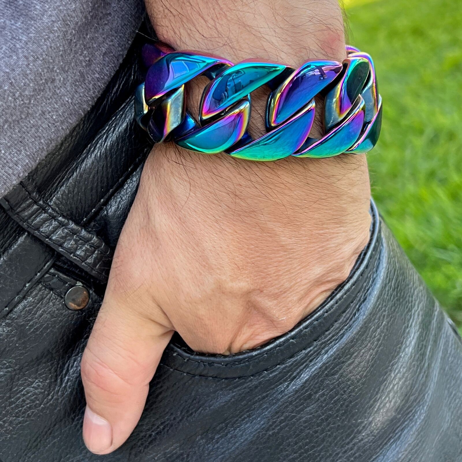 Men's Huge Iridescent Bracelet Multicolor Metallic Rainbow