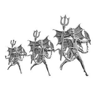 May include: Three silver devil figurines with wings, holding tridents and chains. The figurines are in different sizes, with the largest one in the center.