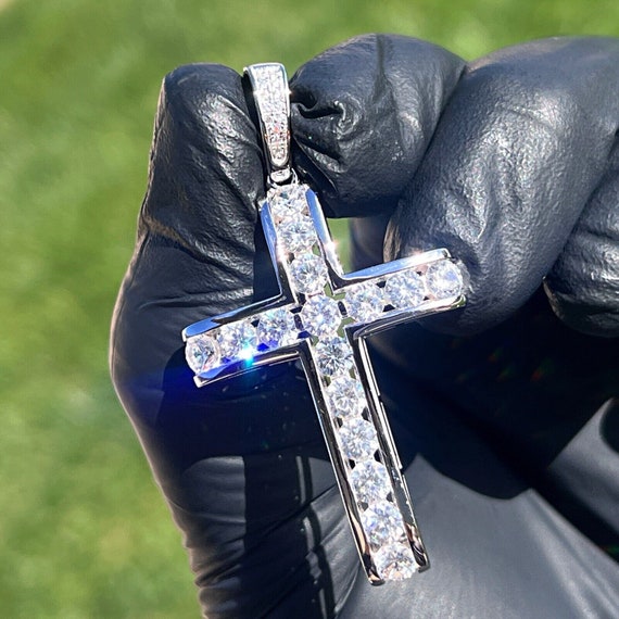 Real Solid 925 Sterling Silver Channel-set CZ Tennis Cross Hip Hop