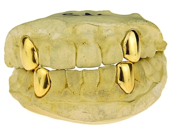 Gold Plated 4 Custom Fitted Single Cap Grillz Set Real 925 Sterling Silver Top & Bottom Canine Teeth With Hidden Connecting Back Bar Bridge