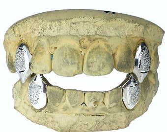 925 Sterling Silver Custom Fang Grillz Set Diamond Dust 2 Single Cap Two Vampire Canine Teeth With Hidden Connecting Back Bar Bridge