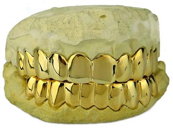 Solid 10K Yellow Gold OR 14K Yellow Gold Grillz Custom Fitted Plain Teeth Real Grills