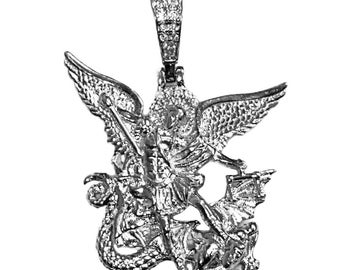 925 Sterling Silver St Michael Pendant, CZ Saint Michael Slaying Dragon
