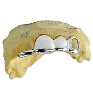 Real 925 Sterling Silver Four Teeth Grillz with Open Face & Inlay Side Bar Teeth Grills