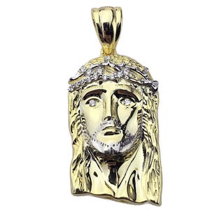14K Gold Plated over Solid 925 Sterling Silver Jesus Head Pendant CZ Crown 2-Tone Small 1" Inch