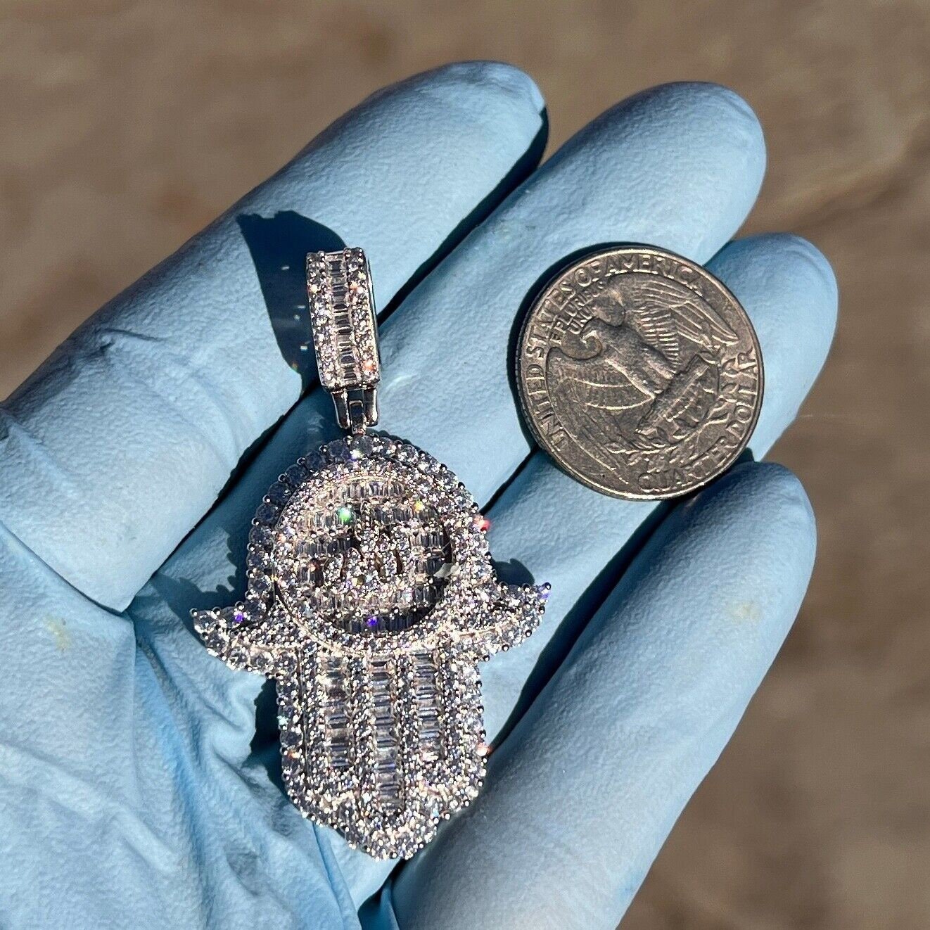 thumbnail interactive-video image 1 of Real 925 Sterling Silver Hamsa Hand Pendant – Iced CZ, Hip Hop Style, Flooded Out 1 of 3