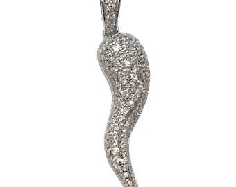 Real Solid 925 Sterling Silver Italian Horn Cornicello Charm CZ Iced Bling Out Pendant Symbol Of Good Luck Charm