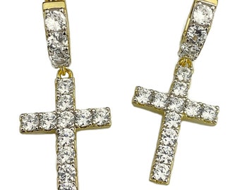 14k Gold Plated Over 925 Sterling Silver Cross Hoop Dangle Iced CZ Earrings