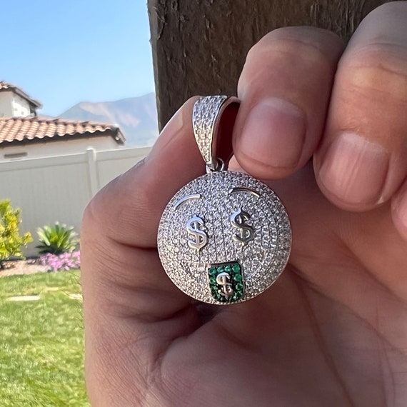 925 Sterling Silver Money Mouth Smiley Face Emoji Pendant, CZ Iced 
