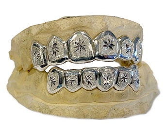 Real Solid 925 Sterling Silver Custom Grillz Diamond Dust Diamond-Cut Starburst Handmade Teeth Grill