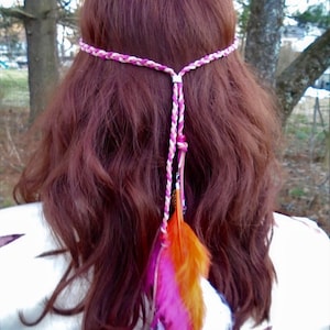 Sunset Hippie (suede and feather festival headband rave flower headband pink festival headband orange feather headband pink hippie headband)