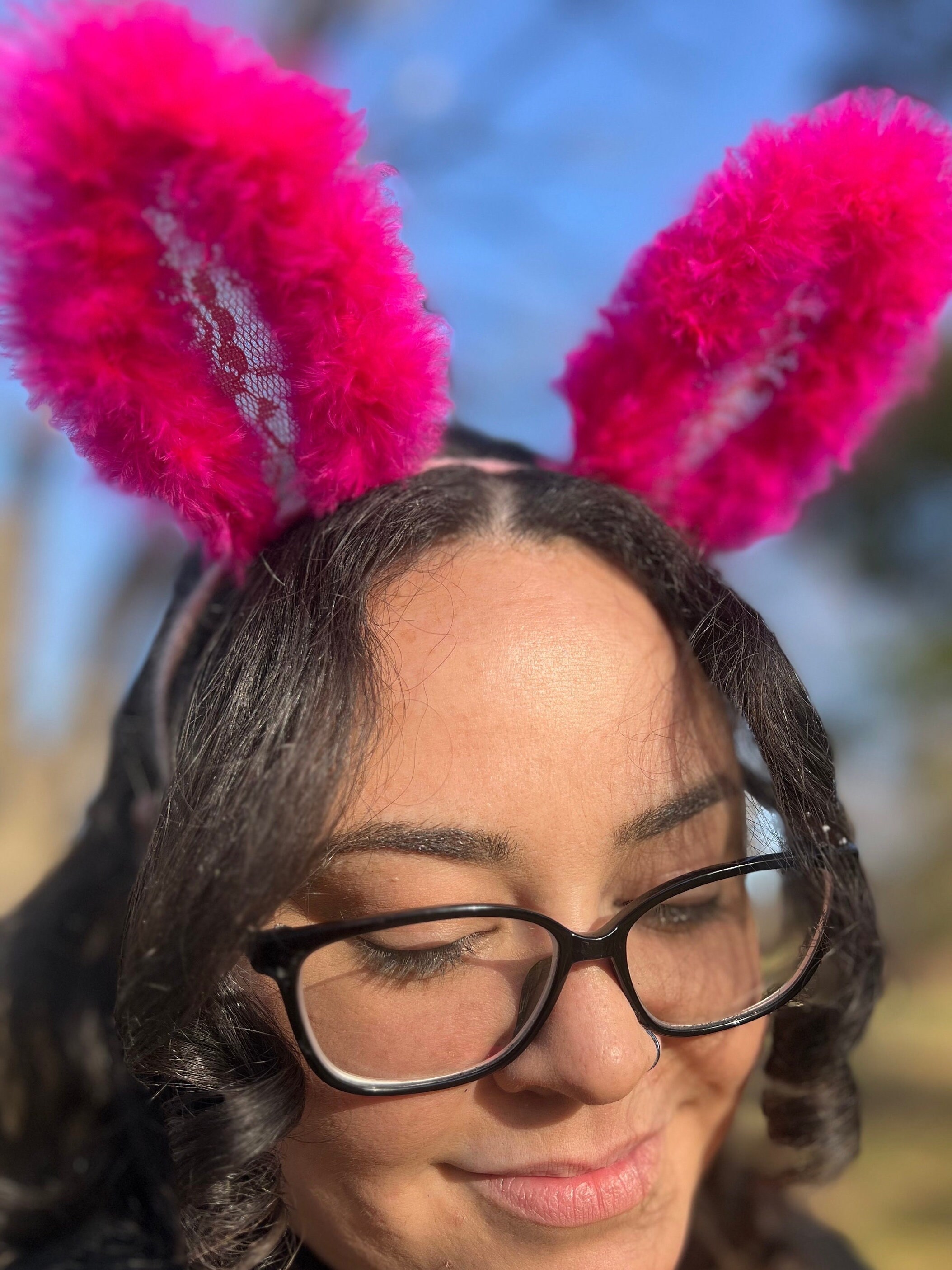 Pink Bunny Rabbit Ears Headpiece Headband Lace Beads Chiffon Ruffle Pink Bunny Rabbit Ears & Tail Set Pastel Cute Posable  main image 4