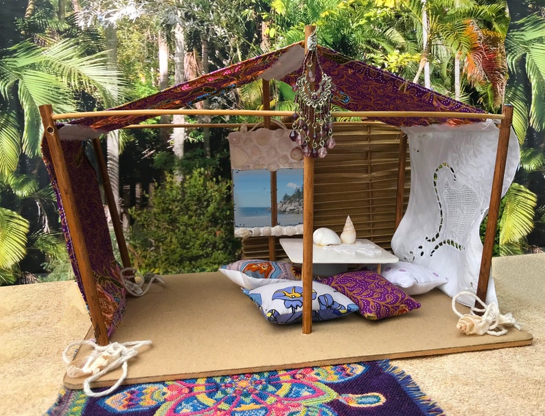 miniature Beach Boho vintage tent;tropical beach dollhouse accessory