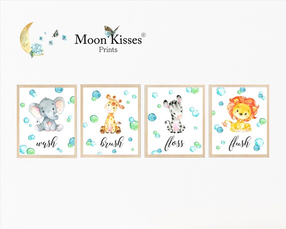 Wash Brush Floss Flush Bathroom Art Baby Bathroom Etsy