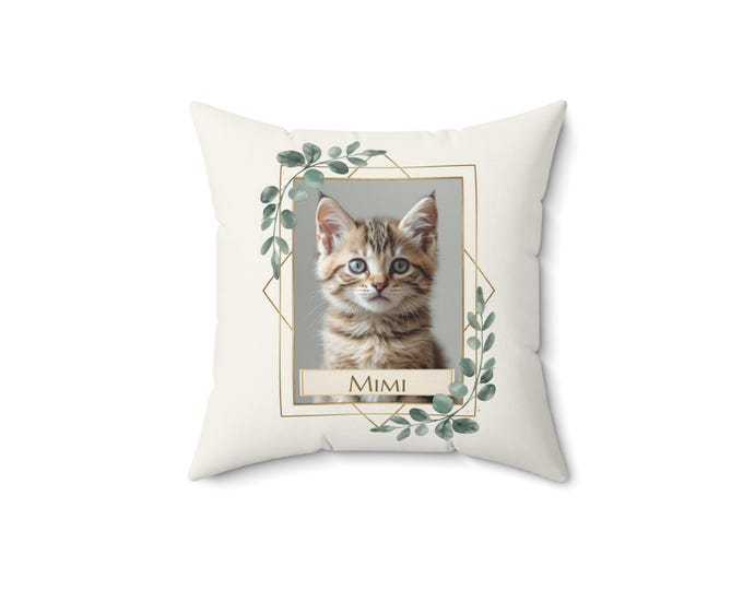 Custom Cat Photo Pillow: Tabby Kitten Memorial Gift, Eucalyptus Decor Cushion