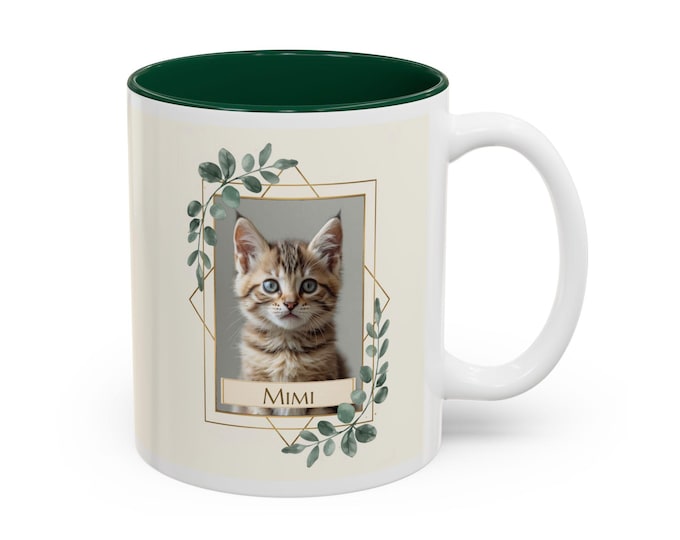 Custom Pet Photo Mug with Name | Personalized Cat Dog Coffee Cup, Botanical Foliage Design