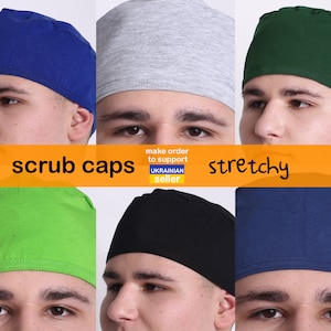 May include: Six different colored scrub caps, made of stretchy fabric. The caps are blue, gray, green, black, and two shades of blue. The text "scrub caps" and "stretchy" are printed on the image. The text "make order to support UKRAINIAN seller" is also printed on the image.