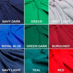 May include: Nine fabric swatches in different colors, including navy dark, green, grey light, royal blue, green dark, burgundy, navy light, teal, and red.