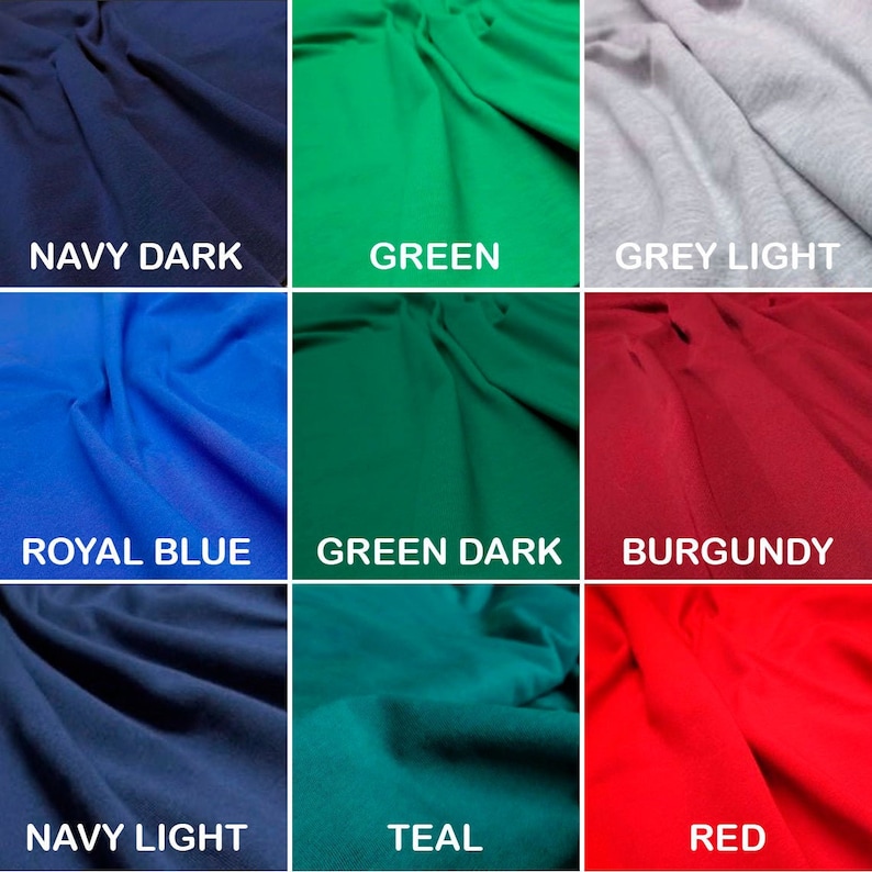 May include: Nine fabric swatches in different colors, including navy dark, green, grey light, royal blue, green dark, burgundy, navy light, teal, and red.