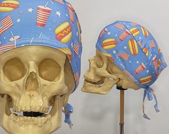Patriotic Food Print Scrub Cap – Hot Dogs, Flags & Sodas - Unisex Surgical Cap - Fun Medical Headwear - 4th of July Scrub Hat