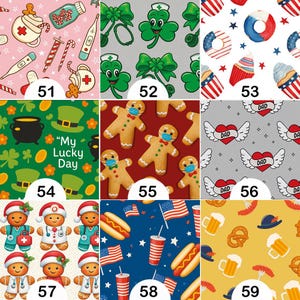 May include: A selection of patterned fabric swatches. Designs include medical symbols, St. Patrick's Day motifs, patriotic themes with donuts and ice cream, and gingerbread men. Other patterns feature Father's Day hearts, and American flags.