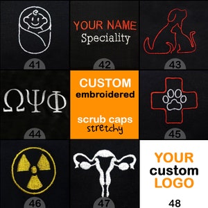 May include: A set of 10 embroidered patches for scrub caps. The patches feature various designs, including a baby, a dog and cat, a Greek letter symbol, a cross with a paw print, a radiation symbol, a uterus, and a text box for a custom logo. The patches are available in white, red, yellow, and black thread.