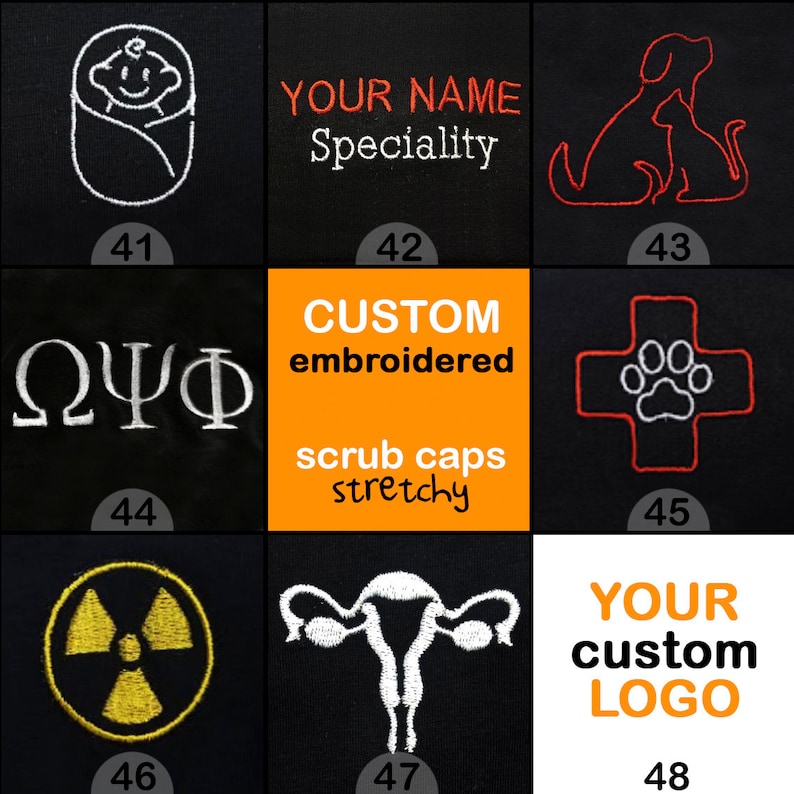 May include: A set of 10 embroidered patches for scrub caps. The patches feature various designs, including a baby, a dog and cat, a Greek letter symbol, a cross with a paw print, a radiation symbol, a uterus, and a text box for a custom logo. The patches are available in white, red, yellow, and black thread.