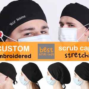 May include: Black scrub caps with a red cross button and the option to add custom embroidery. The caps are stretchy and comfortable. "best scrub caps" and "CUSTOM embroidered" are written on the image.