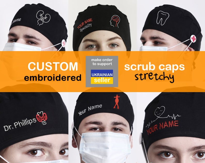 May include: Black scrub caps with custom embroidery. The caps feature various designs, including a heart with a heartbeat line, a brain, a tooth, a ladybug, and a stick figure. The text "YOUR NAME" and "Dr. Phillips" are embroidered on the caps.