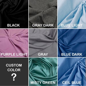 May include: A color chart showing fabric swatches in various colors, including black, gray dark, blue light, purple light, gray, blue dark, misty green, and ceil blue. The chart also includes a swatch labeled "Custom Color" with a question mark.