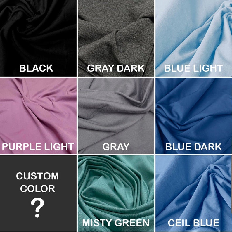 May include: A color chart showing fabric swatches in various colors, including black, gray dark, blue light, purple light, gray, blue dark, misty green, and ceil blue. The chart also includes a swatch labeled "Custom Color" with a question mark.
