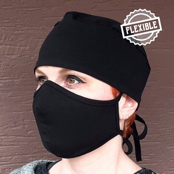 Scrub Cap SOLID BLACK Washable Stretch 
