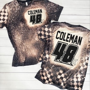 Racing Tshirt, Personalized Name and Number Bleached Tee, Plus Sizes, Dirt Track Motocross Dirt bike Race Apparel Checkered Flag  DTG