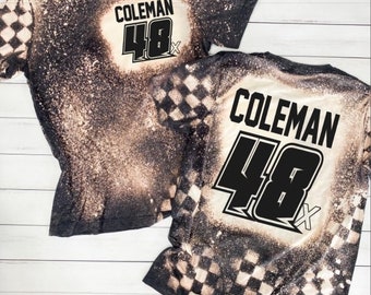 Racing Tshirt, Personalized Name and Number Bleached Tee, Plus Sizes, Dirt Track Motocross Dirt bike Race Apparel Checkered Flag  DTG