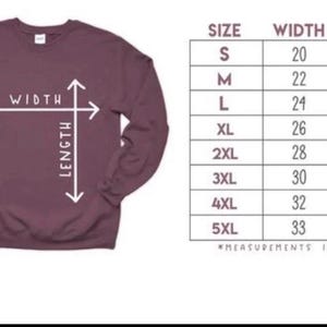 May include: A mauve long-sleeve crewneck sweatshirt with a white graphic overlay showing width and length arrows. Beside it is a size chart table listing sizes S through 5XL with corresponding width and length measurements in inches.