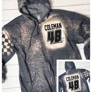 Race Hoodie Zip up Personalized Pocket Racing Bleached Dark Grey Unisex Dirt Track Motocross Dirt Bike Car Truck Checkered Flag Bleached