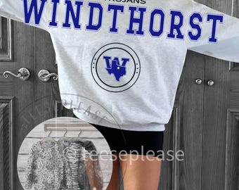 Personalized Team Sweatshirt: Oversized Arm to Arm Mascot Sweater, School Spirit, Royal Blue Windthorst Trojans  Crewneck