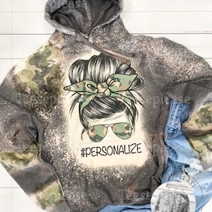Camo Bleached Hoodie Accent Sleeves Messy Bun Sweatshirts
