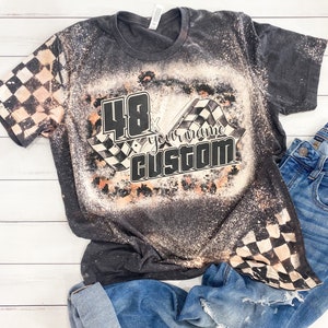 Race Personalized Name Dirt Track Racing Checkered Sleeve Bleached Tshirt  sublimation design clothing for women