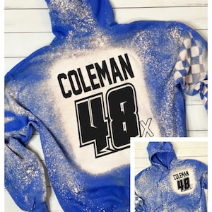 Blue Personalized Pocket Racing Bleached Dark Grey Hoodie Dirt Track Motocross Dirt Bike Car Truck Checkered Flag Bleached Race Hoodie