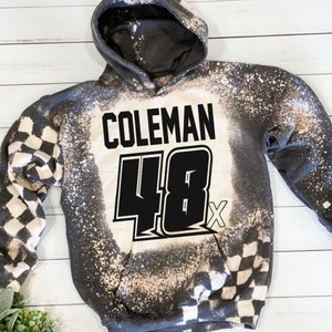 Youth Personalized Crewneck or Hoodie Racing Bleached Dark Grey Sweatshirt Dirt Track Motocross Dirt Bike Race Car Truck Checkered Flag