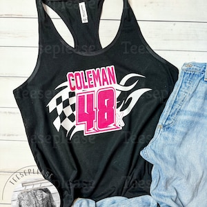 Racerback Racing Girl Tank Personalized Race Car Number Tank Top Pink Racing Tops for Women, Gifts for her CHECK SIZE CHART Womens Clothing
