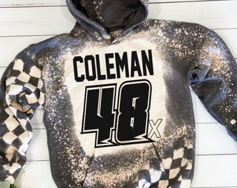 Gepersonaliseerde racehoodie, sweatshirt aangepast naamnummer, gebleekte geblokte vlag hoodie, hoodie racen moeder, sweater Dirt Track Racing