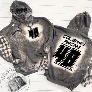 Race Hoodie or Crewneck, Personalized Name and Number , Plus Sizes, Dirt Track Motocross  bike Race Apparel Checkered Flag Bleached  DTG