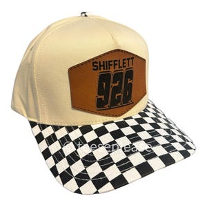 Custom Racing Hat – Personalized Name & Number Patch Hat – Checkered Bill Trucker Cap – Race Fan Gift – Driver Merch Style