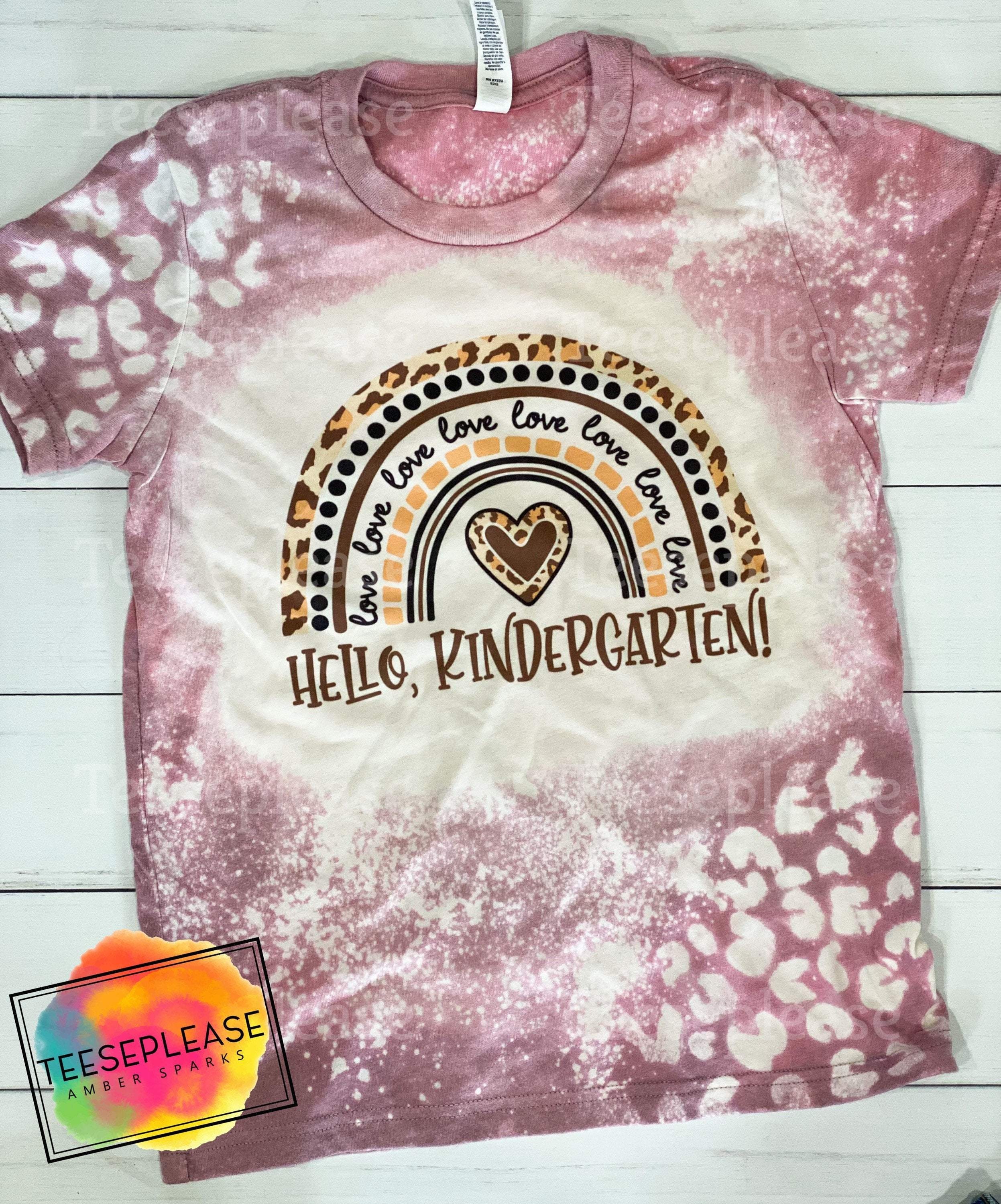 Kids Back To School Bleached Kindergarten T-shirt, leopard rainbow sc…